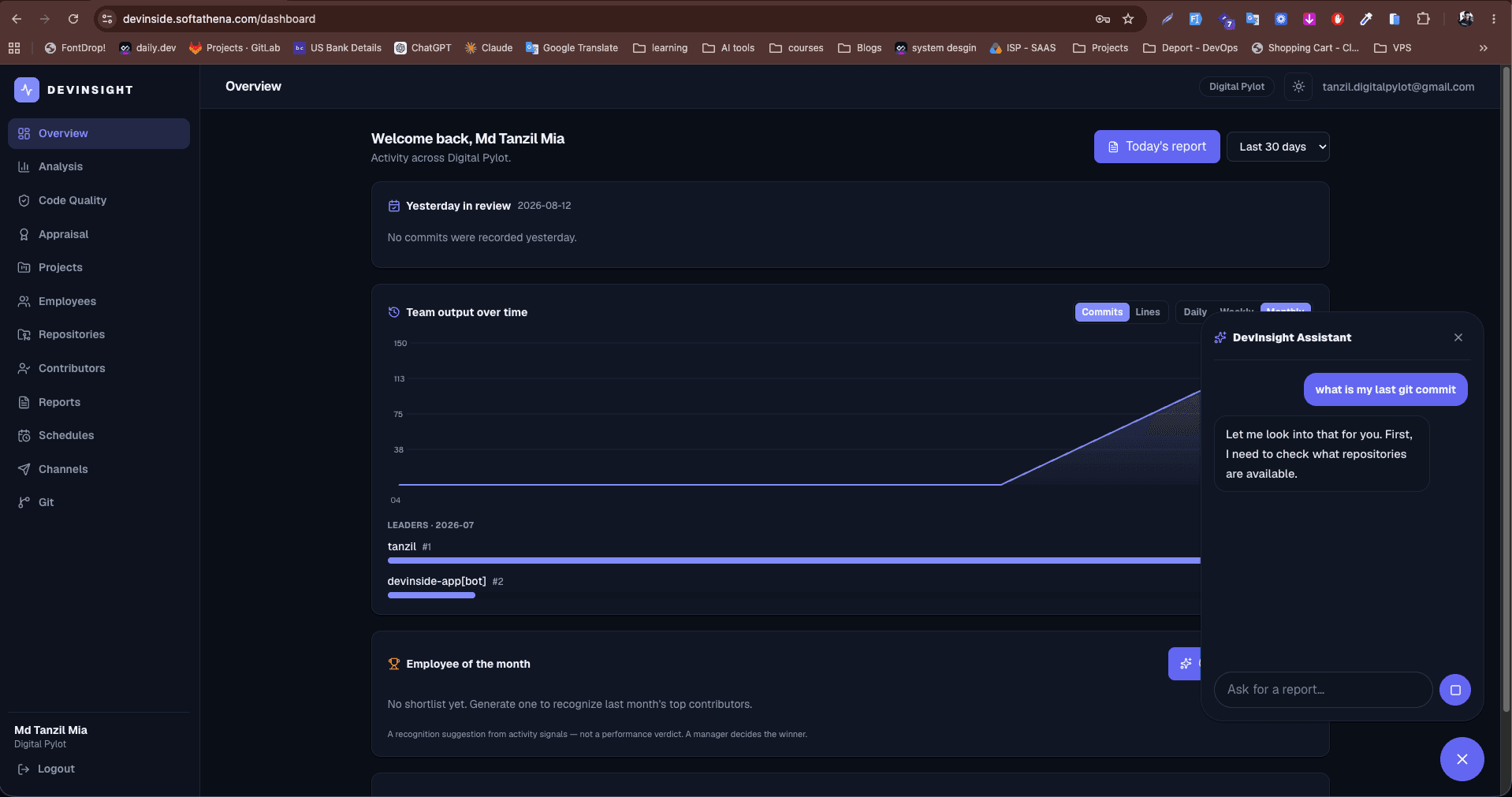 DevInsight AI dashboard preview